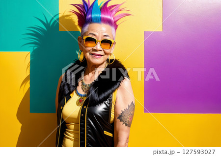 Portrait of an elderly Asian woman with bright mohawk-colored hair and sunglasses on the background of an abstract painting, summer brightness. Generative AI. 127593027