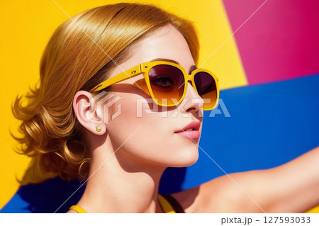 Portrait of a fashionable woman with ginger hair and sunglasses on yellow background. Generative AI. 127593033