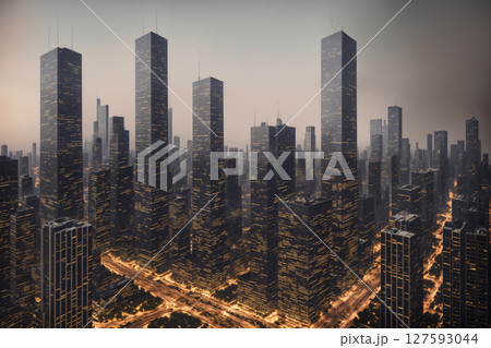 Aerial view of modern city at sunset, skyscrapers and street lights. Generative AI. Aerial view of modern city at sunset, skyscrapers and street lights. Generative AI. 127593044