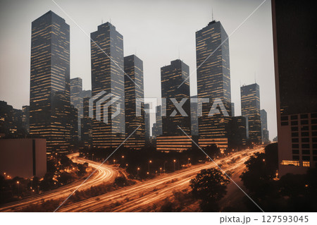 Aerial view of modern city at sunset, skyscrapers and street lights. Generative AI. 127593045