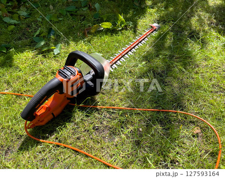 Electric hedge trimmer, garden saw lies on grass, lawn. Gardening and cleaning. Nature and garden care. Background for design. 127593164