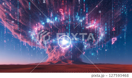 デジタル砂漠の嵐:再生ボタンを中心に渦巻くショート動画のデータ デジタル砂漠の嵐:再生ボタンを中心に渦巻くショート動画のデータ 127593468