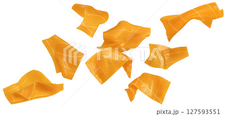 Falling vegan plant based salmon slices isolated on white background with clipping path, package design element Falling vegan plant based salmon slices isolated on white background with clipping path, package design element 127593551