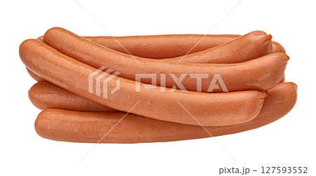 Raw frankfurter sausages isolated on white background, full depth of field 127593552