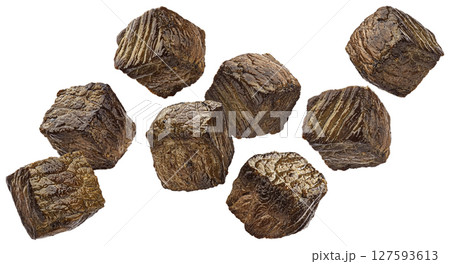 Grilled beef cubes isolated on white background with clipping path 127593613