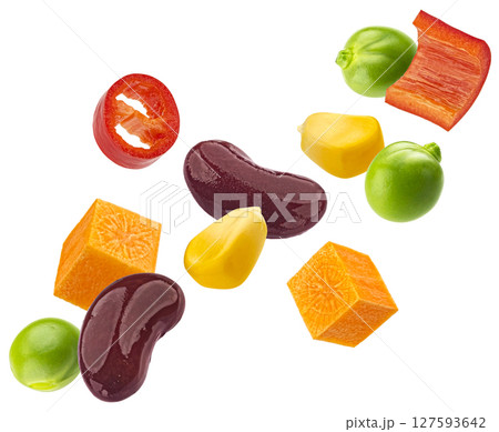 Mexican salad ingredients isolated on white background, corn, red beans, green peas and chili pepper slices mix Mexican salad ingredients isolated on white background, corn, red beans, green peas and chili pepper slices mix 127593642