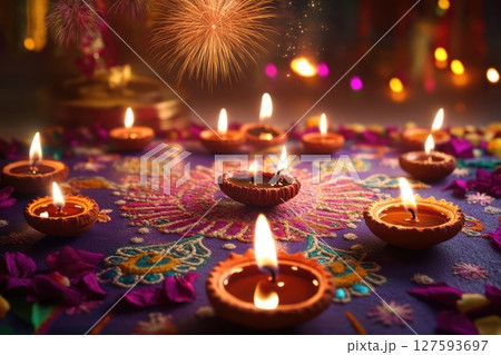People celebrating the festival with joyful dance and heartfelt prayers to the divine, surrounded by vibrant colors and cultural rhythms 127593697