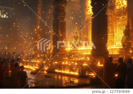 People celebrating the festival with joyful dance and heartfelt prayers to the divine, surrounded by vibrant colors and cultural rhythms 127593699