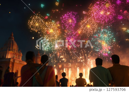 People celebrating the festival with joyful dance and heartfelt prayers to the divine, surrounded by vibrant colors and cultural rhythms People celebrating the festival with joyful dance and heartfelt prayers to the divine, surrounded by vibrant colors and cultural rhythms 127593706