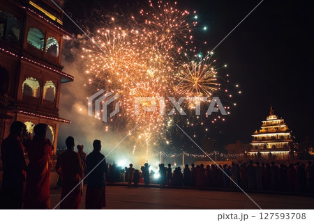 People celebrating the festival with joyful dance and heartfelt prayers to the divine, surrounded by vibrant colors and cultural rhythms People celebrating the festival with joyful dance and heartfelt prayers to the divine, surrounded by vibrant colors and cultural rhythms 127593708