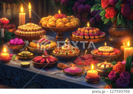 People celebrating the festival with joyful dance and heartfelt prayers to the divine, surrounded by vibrant colors and cultural rhythms 127593709