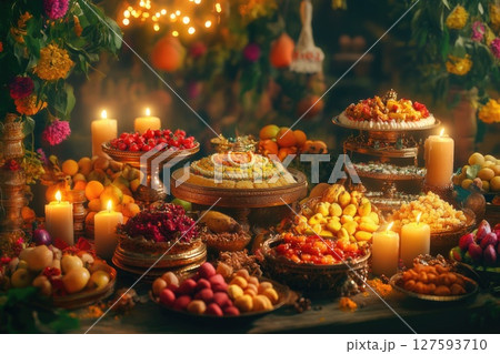 People celebrating the festival with joyful dance and heartfelt prayers to the divine, surrounded by vibrant colors and cultural rhythms 127593710