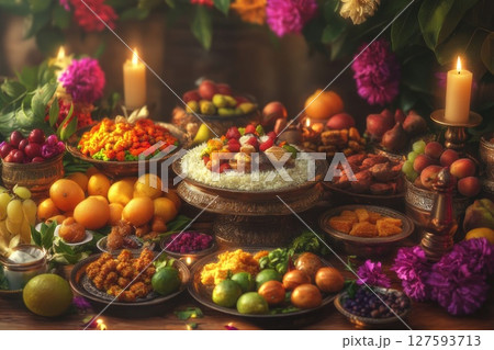 People celebrating the festival with joyful dance and heartfelt prayers to the divine, surrounded by vibrant colors and cultural rhythms People celebrating the festival with joyful dance and heartfelt prayers to the divine, surrounded by vibrant colors and cultural rhythms 127593713
