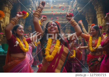 People celebrating the festival with joyful dance and heartfelt prayers to the divine, surrounded by vibrant colors and cultural rhythms 127593715