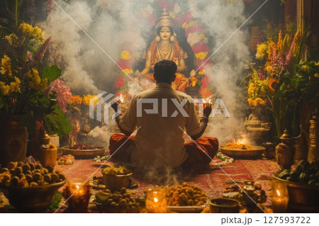 People celebrating the festival with joyful dance and heartfelt prayers to the divine, surrounded by vibrant colors and cultural rhythms 127593722
