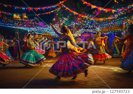 People celebrating the festival with joyful dance and heartfelt prayers to the divine, surrounded by vibrant colors and cultural rhythms 127593723