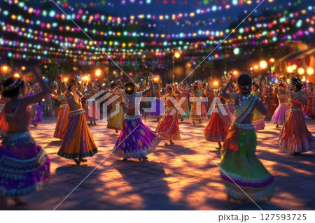 People celebrating the festival with joyful dance and heartfelt prayers to the divine, surrounded by vibrant colors and cultural rhythms 127593725