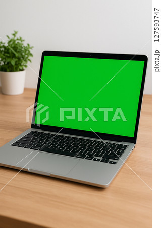 ノートパソコンの画面に緑のクロマキー背景が表示されたモックアップ素材(デスク上・室内) ノートパソコンの画面に緑のクロマキー背景が表示されたモックアップ素材(デスク上・室内) 127593747