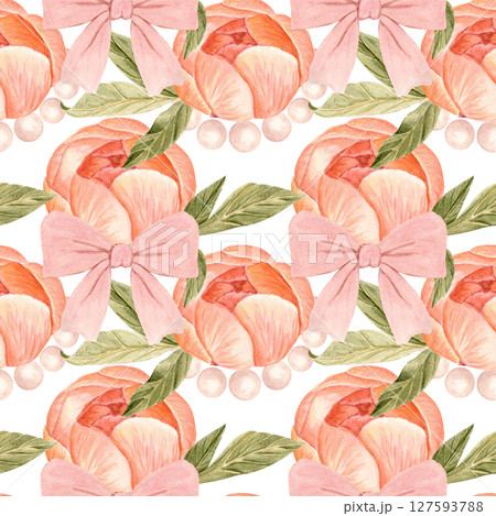 Pink bows, peonies, green leaves, and pearls seamless watercolor pattern on white background . Hand-painted in soft tones. Perfect for textiles, packaging, wallpapers, stationery, weddings, and Pink bows, peonies, green leaves, and pearls seamless watercolor pattern on white background . Hand-painted in soft tones. Perfect for textiles, packaging, wallpapers, stationery, weddings, and 127593788