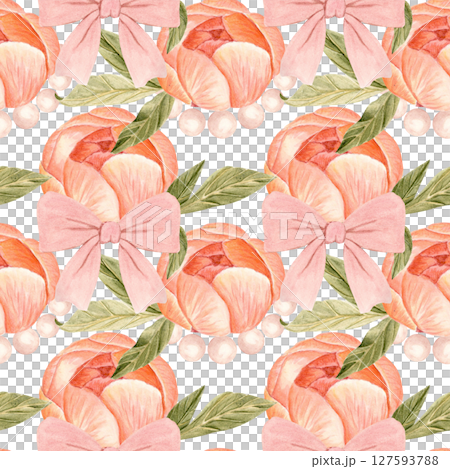 Pink bows, peonies, green leaves, and pearls seamless watercolor pattern on white background . Hand-painted in soft tones. Perfect for textiles, packaging, wallpapers, stationery, weddings, and Pink bows, peonies, green leaves, and pearls seamless watercolor pattern on white background . Hand-painted in soft tones. Perfect for textiles, packaging, wallpapers, stationery, weddings, and 127593788