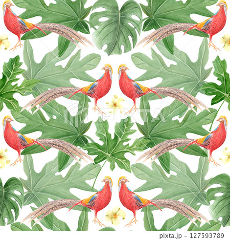 Golden pheasant and tropical leaves watercolor seamless pattern isolated on white. Hand drawn clipart perfect for cards, posters, stickers, book design, decor. Exotic tropical vibrant China bird 127593789