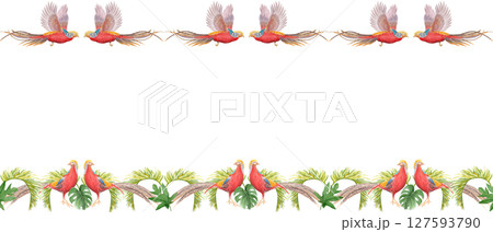 Flying tropical birds with long tails palm leaves watercolor seamless border isolated on white. Hand-painted perfect for wedding stationery, fabric prints, summer projects. Golden pheasant. Horizontal Flying tropical birds with long tails palm leaves watercolor seamless border isolated on white. Hand-painted perfect for wedding stationery, fabric prints, summer projects. Golden pheasant. Horizontal 127593790