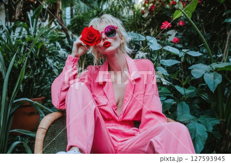Woman in a pink outfit sitting on a yellow garden chair. Woman in a pink outfit sitting on a yellow garden chair. 127593945