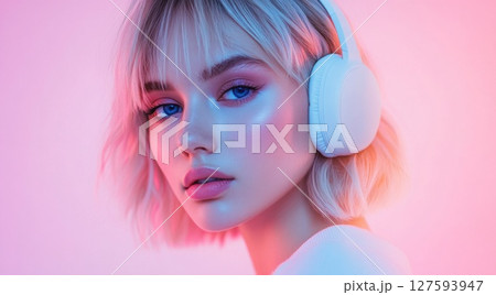 Woman wear headphone while reading leaning on sofa. Woman wear headphone while reading leaning on sofa. 127593947