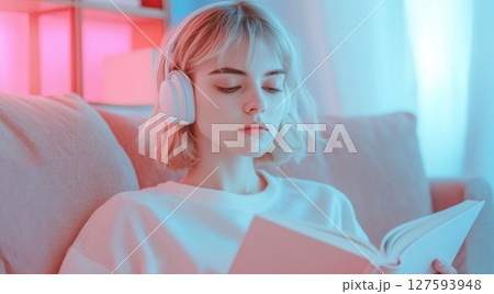 Woman wear headphone while reading leaning on sofa. 127593948