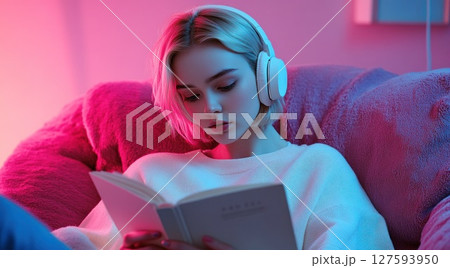 Woman wear headphone while reading leaning on sofa. 127593950