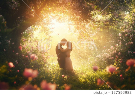 young couple walking on the meadow near roses 127593982