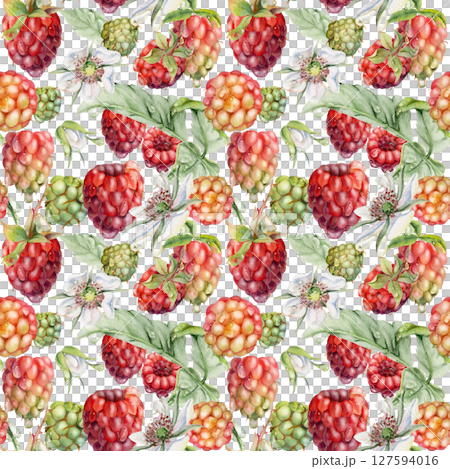 Raspberry ripe garden berries, flowers in water dew drops. Seamless isolated pattern tile hand drawn in watercolor. Home preserves, food store decor, textile washi tape, packaging, wrapping paper 127594016