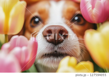 Close up dog nose middle of flower bloom. Close up dog nose middle of flower bloom. 127594055