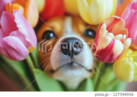 Close up dog nose middle of flower bloom. 127594056