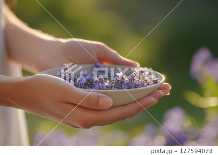 Close up hand hold Lavender flower. 127594078