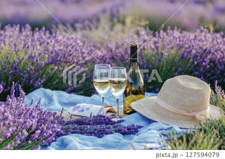 Wine and glass on table with lavender field view. Wine and glass on table with lavender field view. 127594079