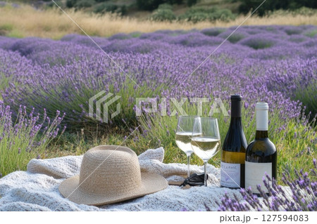 Wine and glass on table with lavender field view. Wine and glass on table with lavender field view. 127594083