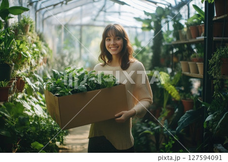 Happy woman plant organic vegetable in glasshouse. 127594091