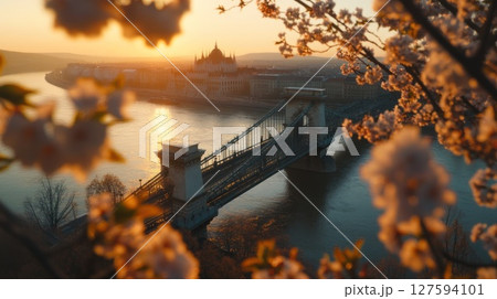 Cherry blossoms in full bloom on cityscape. 127594101