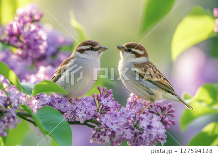 Two birds perched on lilac flowers macro photography in spring season. 127594128