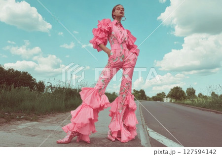 Fashion photography of woman in big city. 127594142