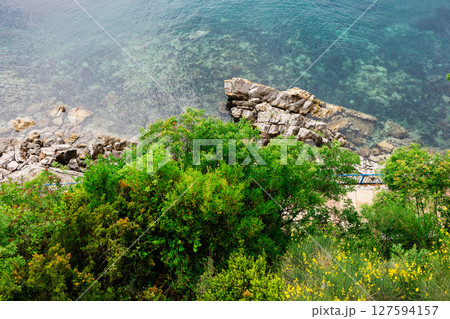 Rocky coastline and crystal-clear sea in Montenegro. Tranquil summer scenery with vibrant greenery and Adriatic shore atmosphere. 127594157