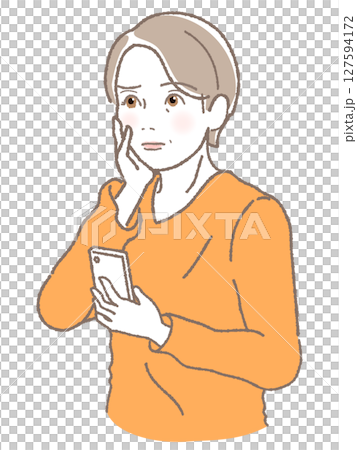 スマホを持って困った顔をしている中高年女性 127594172