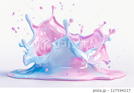 3D colorful splash, pastel pink and blue, white background, holographic glow, high-res texture. 127594217