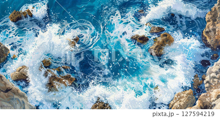 Aerial waves on rocks, blue water splashing, white foam patterns, coastal beauty art. Aerial waves on rocks, blue water splashing, white foam patterns, coastal beauty art. 127594219