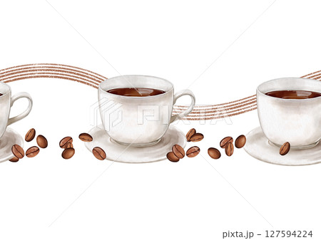 Seamless border with coffee cups with dark brown coffee, hand-drawn illustration, accented by scattered brown beans. Ideal for kitchen decor, cafe branding or packaging design 127594224