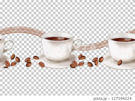 Seamless border with coffee cups with dark brown coffee, hand-drawn illustration, accented by scattered brown beans. Ideal for kitchen decor, cafe branding or packaging design 127594224