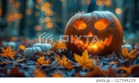 秋の森に浮かぶ笑顔ランタン 127594229