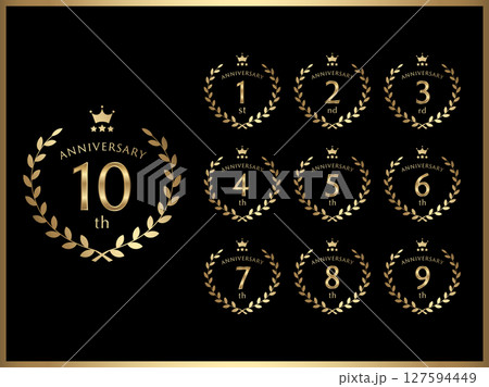 周年数字と記念日お祝い用の月桂冠デザインのゴールドバナーセット 127594449