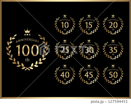 周年数字と記念日お祝い用の月桂冠デザインのゴールドバナーセット 127594451